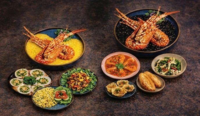 CUA VANG Family Set Hoi An — 2 whole crayfish, grilled scallops, seafood fried rice, shrimp — best family seafood platter in Hoi An Vietnam